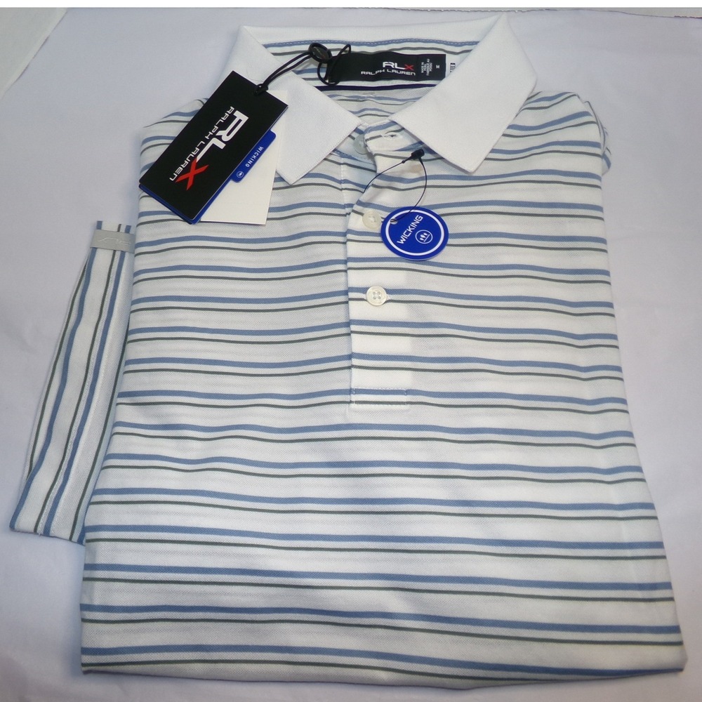 RLX Ralph Lauren Mens MED Striped Golf Polo‎ Shirt White Blue Wicking S/S